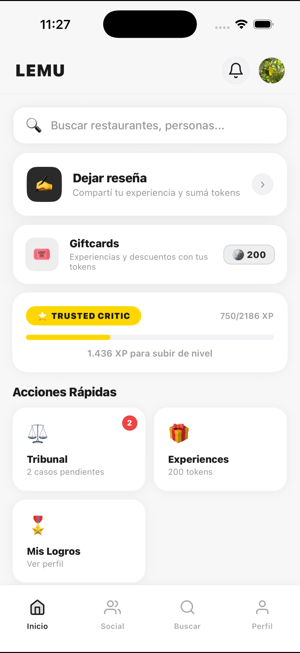 LEMU App - Pantalla principal
